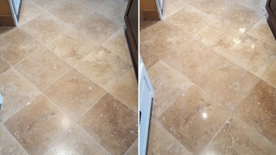 Here is another look at dramatic difference between the floor BEFORE (left) and AFTER (right) our honing and polishing. Photo